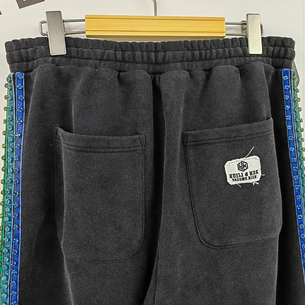 Oem Vintage Washed Thick Cotton Track Jogger Pants Men Custom Logo Embroidery Patched Wide Leg Side Rhinestone Sweatpants