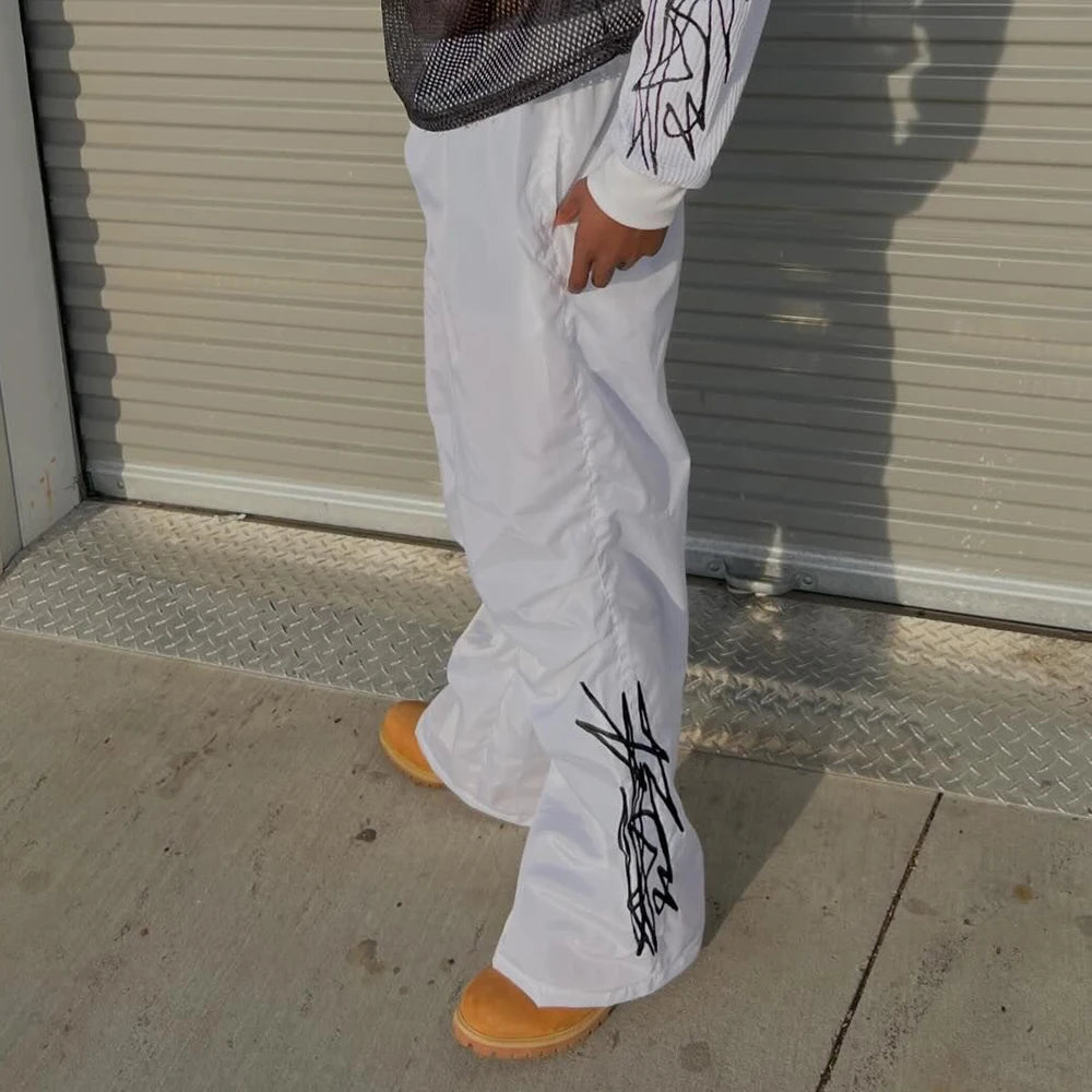 Oem Wholesale Elastic Waist Nylon Track Sweatpants Men Custom Printing Logo Straight Wide Leg Baggy Track Pants