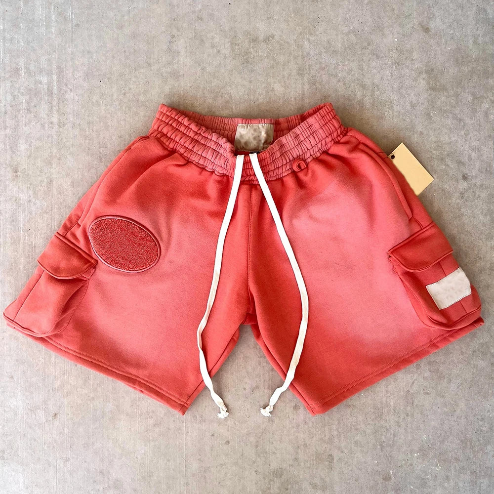 Manufacturer Oem Chenille Applique Embroidery Patched Shorts Men Vintage Washed Sun Faded 100% Cotton Sweat Shorts