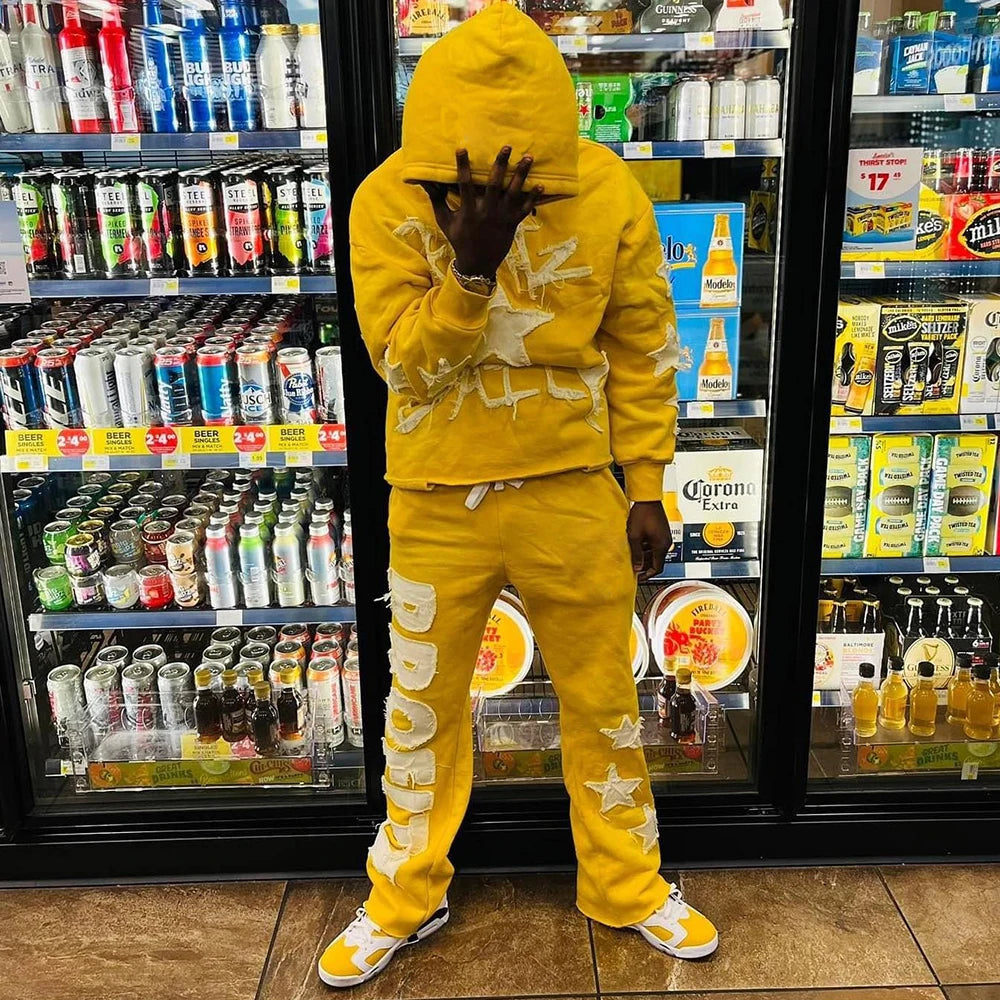 Two Piece Tracksuits Embroidery Logo Patched Sweatsuits Set Custom Vintage Washed Men Hoodies Sweatpants Sets