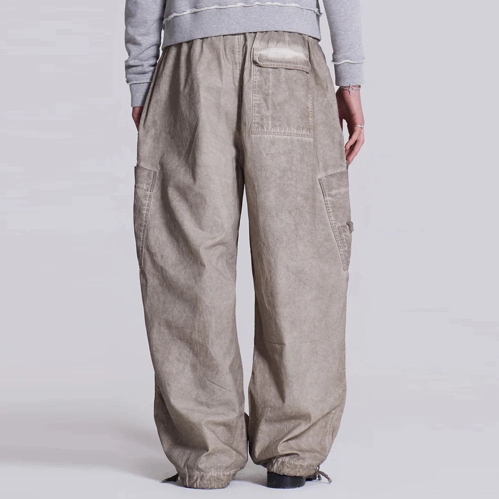 Baggy Wide Leg Cargo Track Pants Men Custom Oil Washed Vintage Grey Oversized Parachute Pants