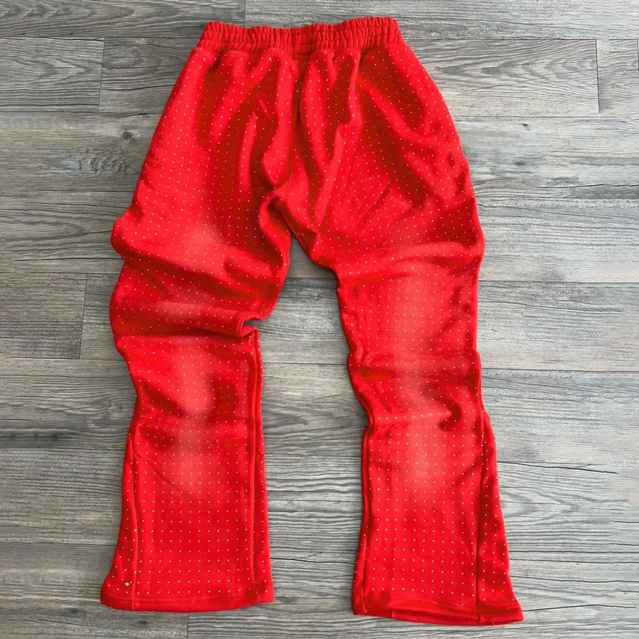 Oem Oversized Straight Wide Leg Sweatpants Men Custom Sun Faded Washed Elastic Waist Rhinestone Baggy Flared Sweat Pants