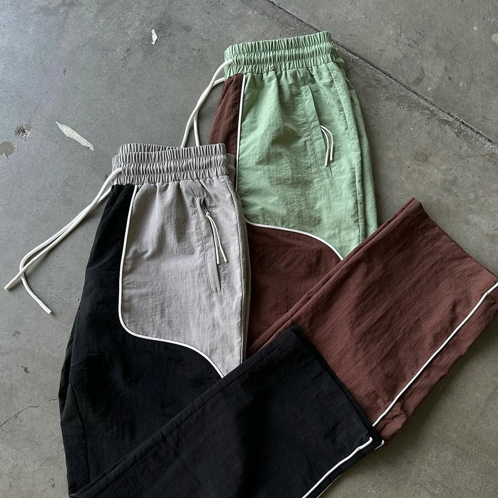 Color Block Streetwear Track Pants Men Custom Elastic Drawstring Waist Nylon Track Pants