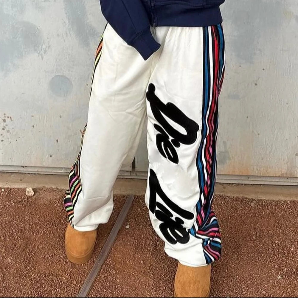 Factory Oem Odm Striped Trimmed Straight Leg Sweatpants Custom Logo Printing Men Wide Leg Track Pants