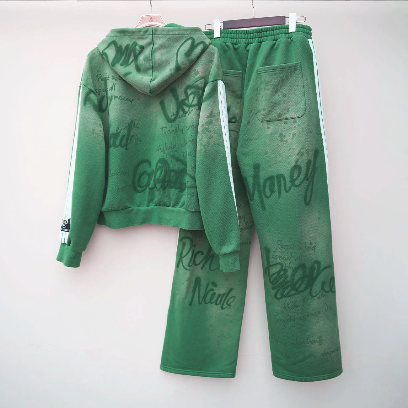 Heavyweight French Terry Joggers Pants Vintage Washed Casual Mid Sweatpants Custom Striped Trimmed Side Graffiti
