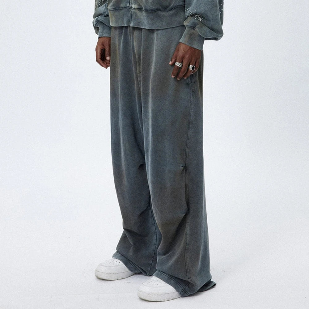 Heavyweight Cotton French Terry Sweatpants Men Custom Acid Vintage Washed Baggy Wide Leg Sweatpants