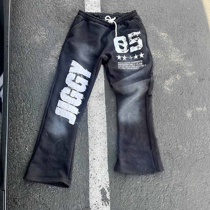 Oem Custom Logo Printing Flared Sweatpants Men Distressed Embroidery Logo Patched Sun Faded Vintage Washed Sweatpants