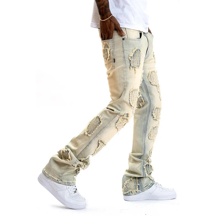Quality Denim Fabric Pants Streetwear Style Tattered Design Stacked Flare Leg Jeans Custom Embroidered Patches Jeans Men