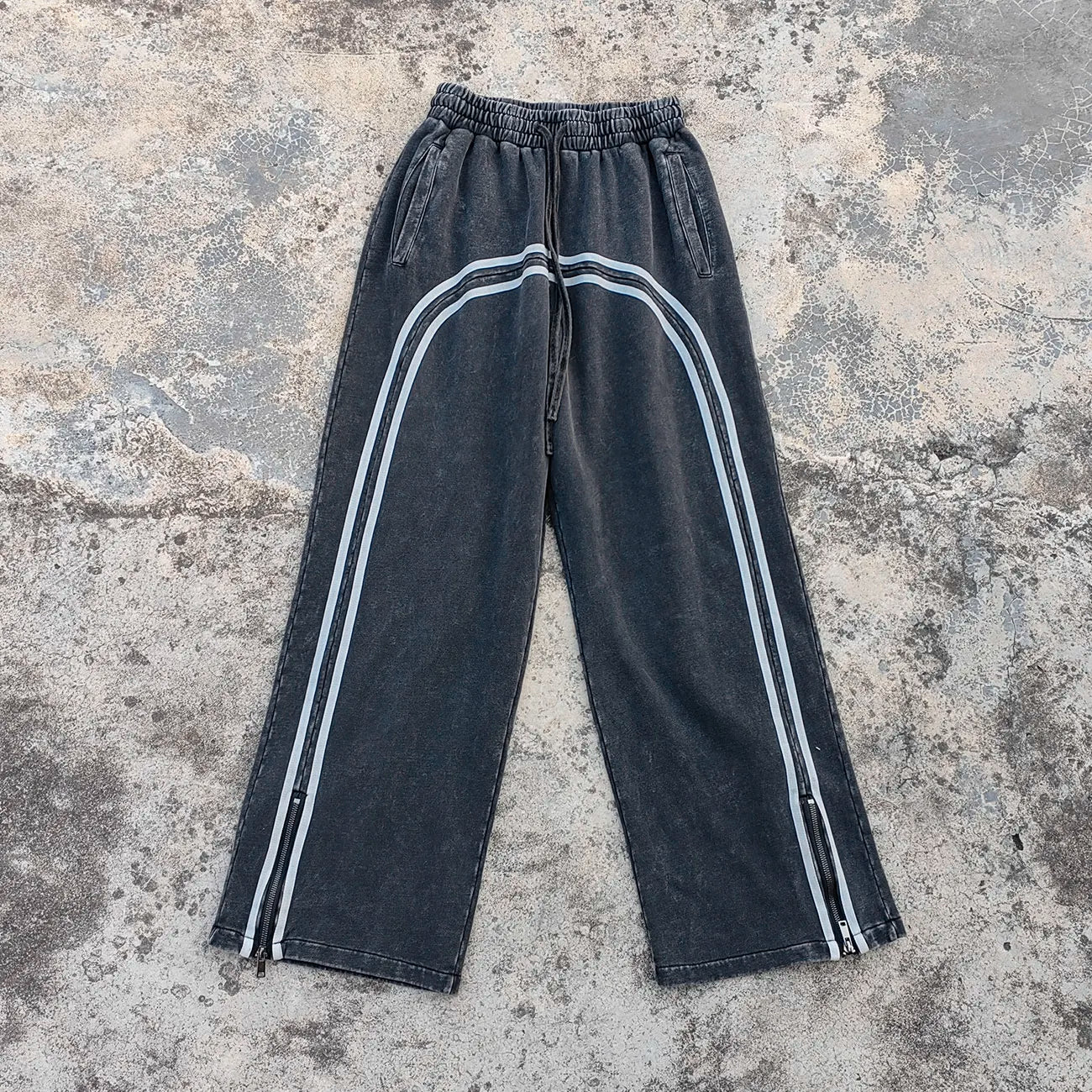 Acid Wash Streetwear Thick Cotton Sweatpants Custom Striped Design Men Zip up Wide Leg Heavyweight Vintage Sweatpants