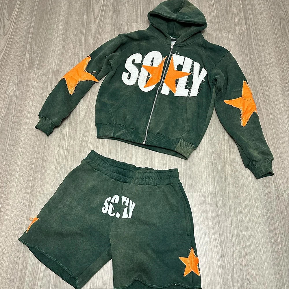 Custom Logo Print Applique Patched Embroidery Shorts Tracksuits Men Heavyweight Cotton Two Piece Hoodie Sweat Shorts Sets