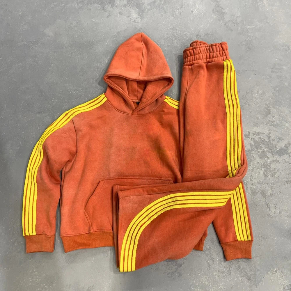 Heavyweight Cotton Two Piece Set Hoodie Sweatpants Custom Vintage Washed Sunfaded Men Striped Tracksuits Set