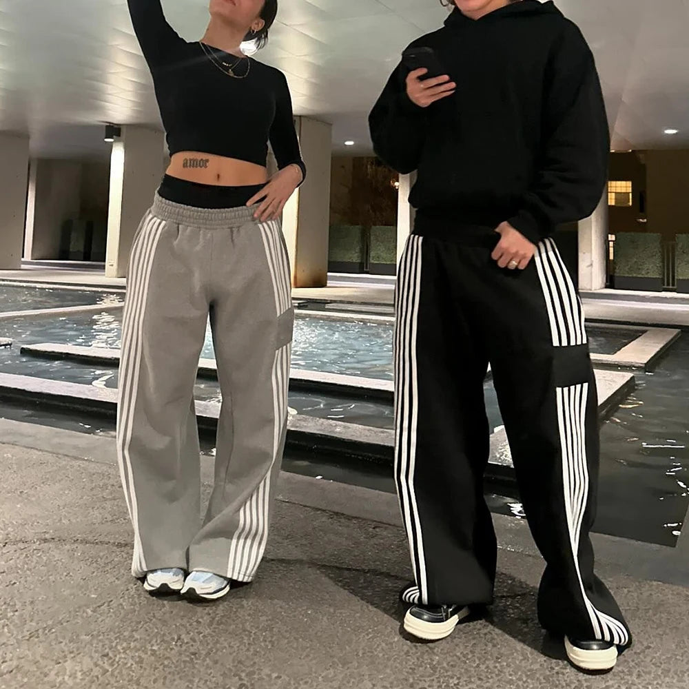 Heavyweight Cotton Unisex Oversized Wide Leg Track Pants Men Baggy Striped Sweatpants