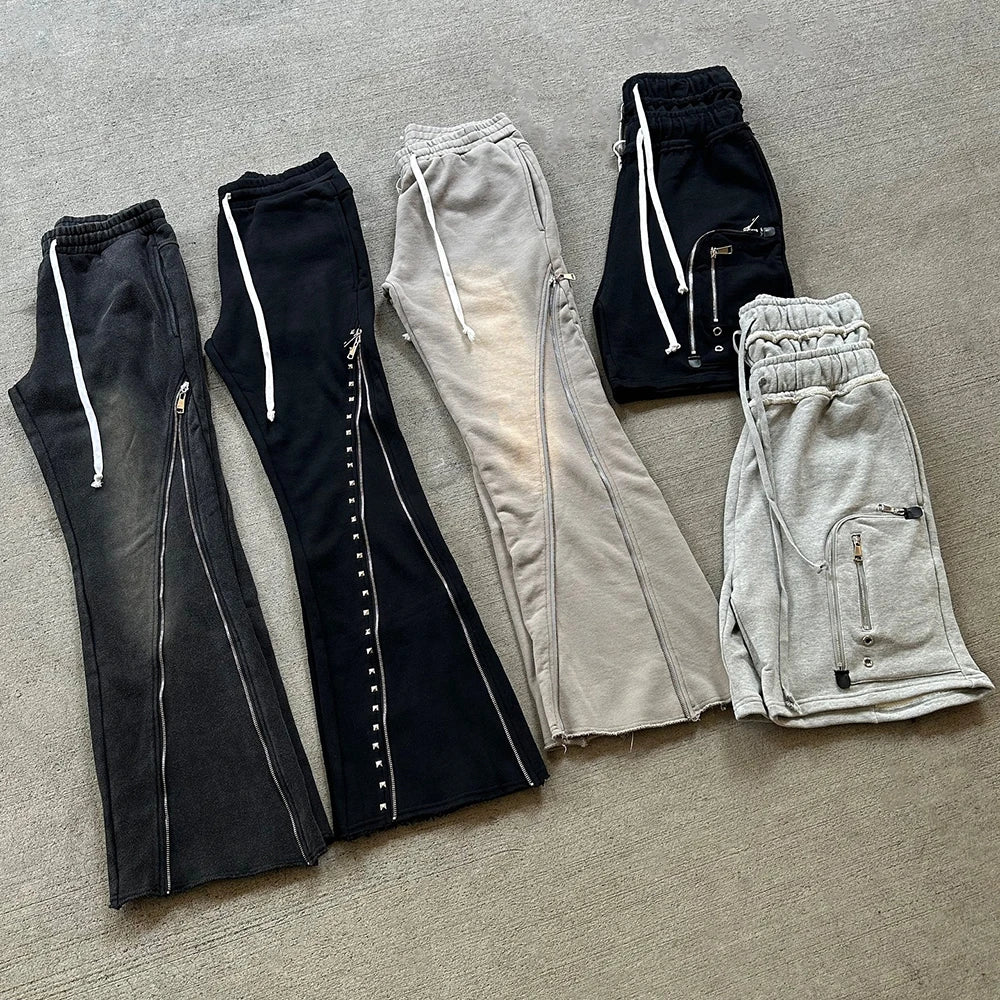 Vintage Washed Thick Cotton Streetwear Jogger Pants Custom Sun Faded Men Zipper Design Flared Leg Sweatpants