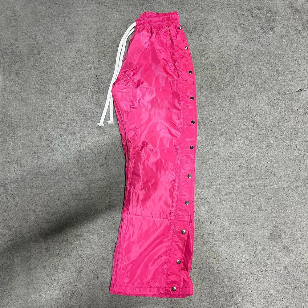 Custom Loose Pants Solid Color Wide Leg Track Pants Drawstring Waist Men Custom Snap Button Side Nylon Pants