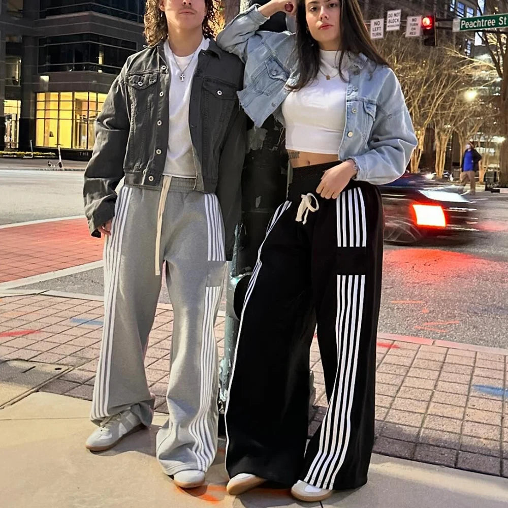 Heavyweight Cotton Unisex Oversized Wide Leg Track Pants Men Baggy Striped Sweatpants