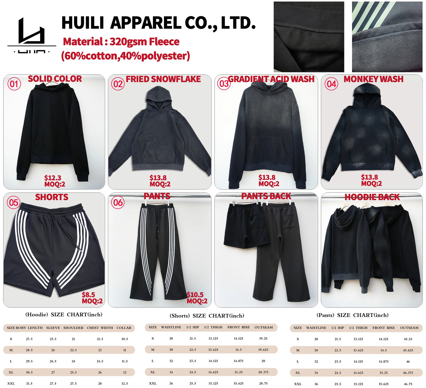 Fleece Vintage Washed Hoodies Sweatpants Sets Men Custom Logo Striped Trimmed Shorts Sweatpants Solid Color Hoodie