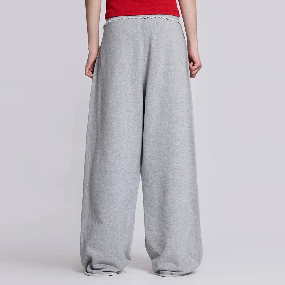 high street oversized unisex heavyweight sweat pants elastic waist solid color men baggy wide leg raw hem sweatpants
