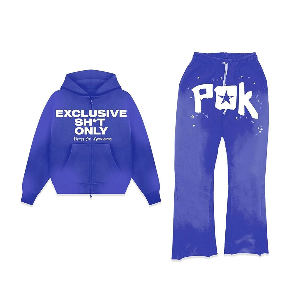 Oem Wholesale Unisex Tracksuit Streetwear Vintage Washed Two Piece Zip Up Sweatshirt Hoodie Flared Sweatpants Set