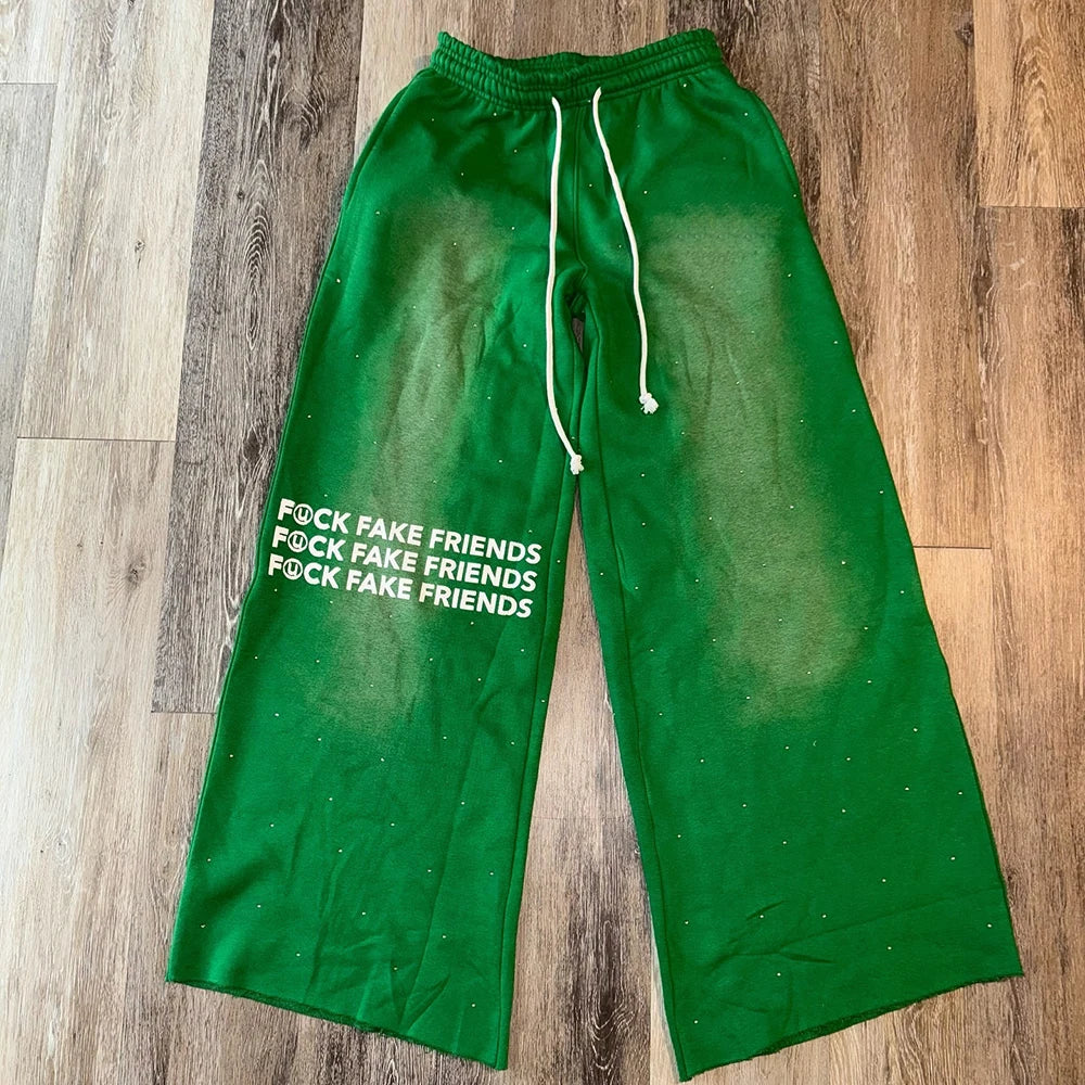 Oem Sunfaded Washed Unisex Oversized Thick Cotton Pants Custom Logo Printed Men Rhinestone Baggy Wide Leg Sweatpants