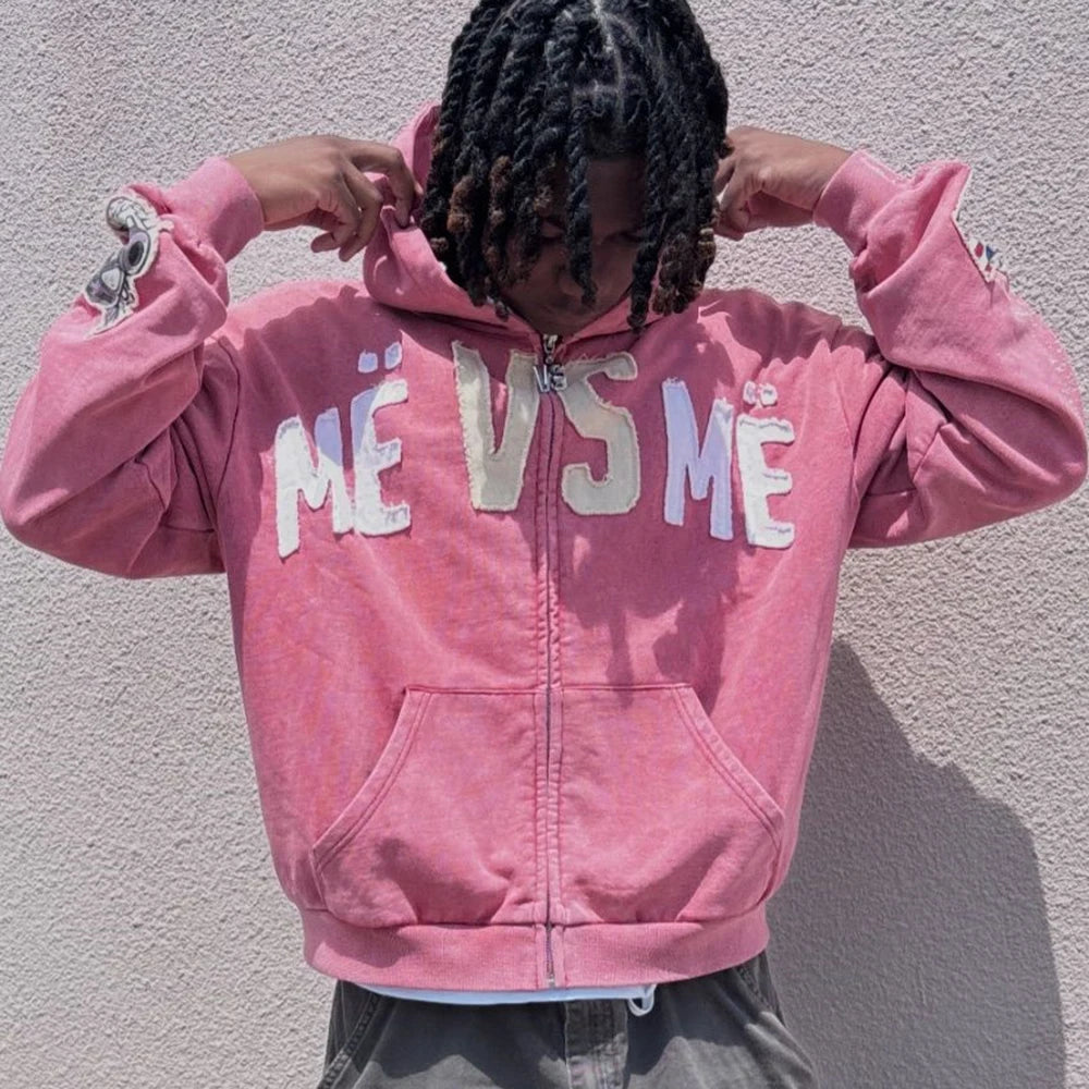 Oem High Quality Retro Washed Zip Up Hoodies Custom Oversized Fit Men Embroidery Logo Patched Rhinestone Vintage Hoodie