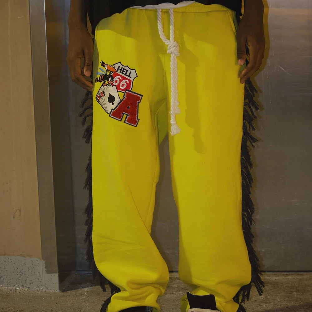 Straight Wide Leg Thick Cotton Pants Men Custom Tassel Side Design Logo Patched Embroidery Raw Hem Sweatpants