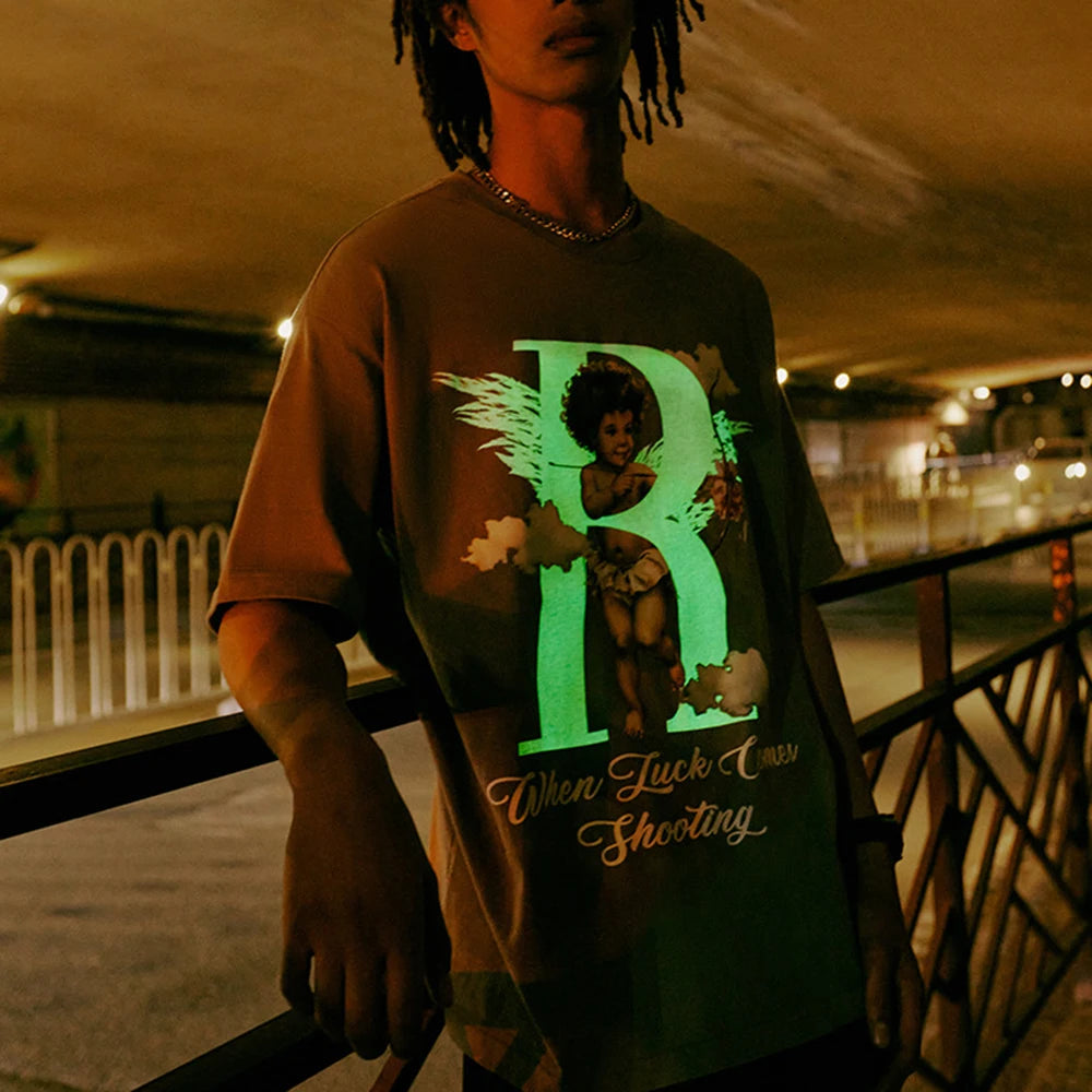 Summer Screen Print 200 Gsm Thick Cotton Oversized Unisex Tshirts Custom Luminous Printed Men Short Sleeve Boxy T Shirt