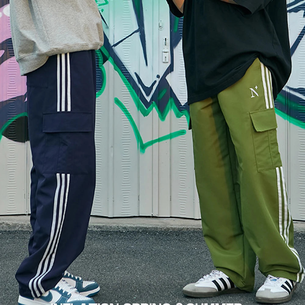 Streetwear Polyester Cargo Parachute Pants Side Striped Men Custom Baggy Wide Leg Oversized Track Pants