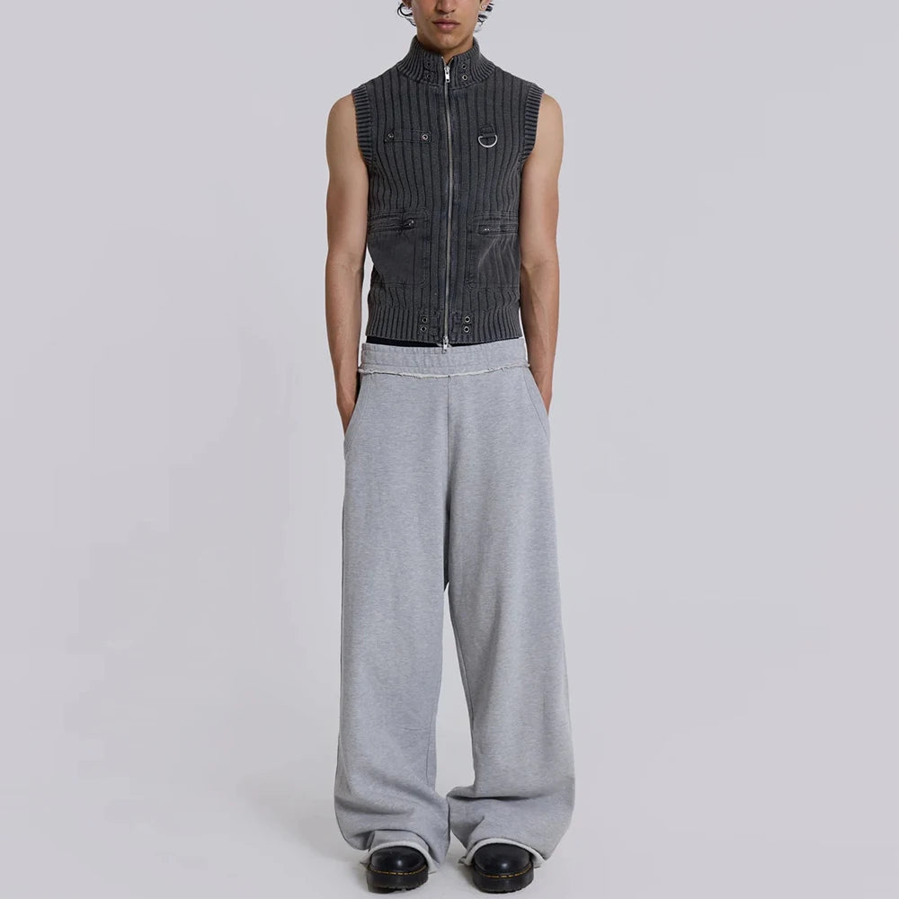 high street oversized unisex heavyweight sweat pants elastic waist solid color men baggy wide leg raw hem sweatpants