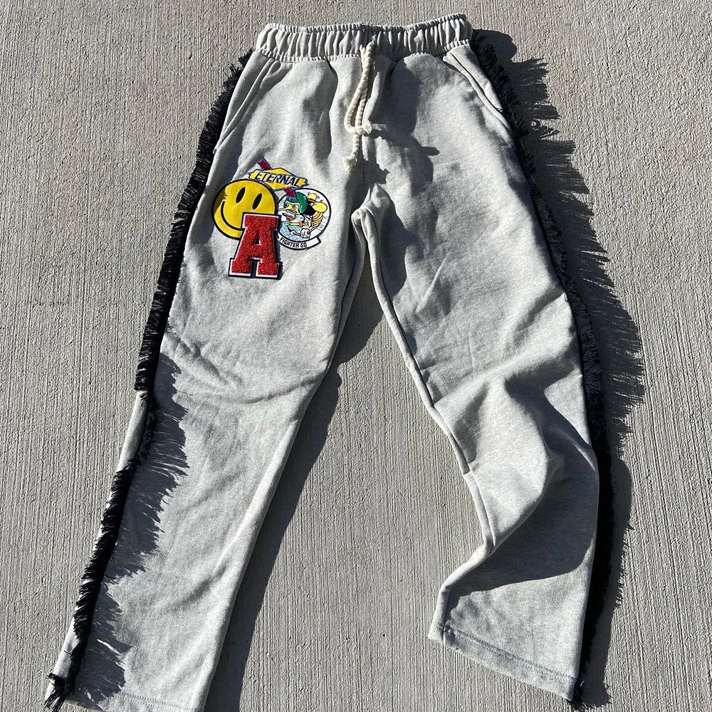 Straight Wide Leg Thick Cotton Pants Men Custom Tassel Side Design Logo Patched Embroidery Raw Hem Sweatpants