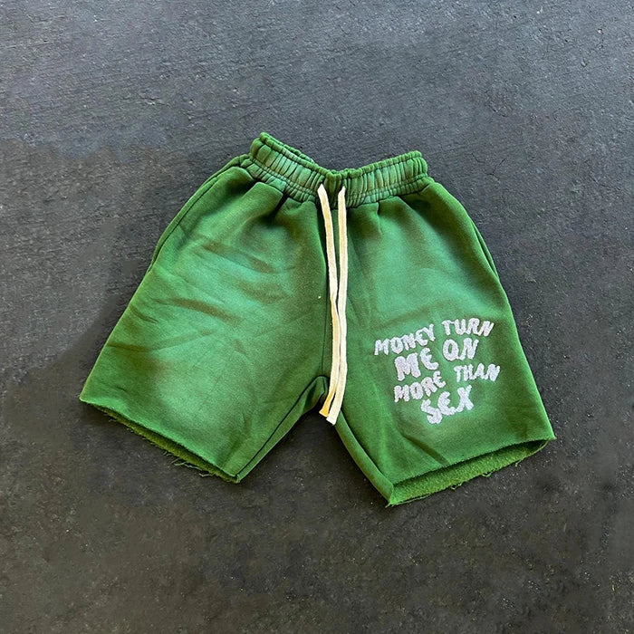 oem custom men vintage sun dye fade sweat cotton shorts distressed cut edge puff printing men's summer acid wash shorts