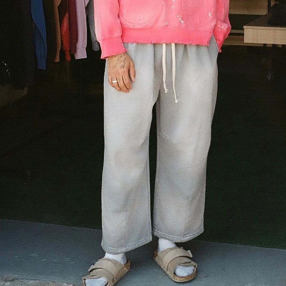Factory Customized 100% Cotton Heavyweight Sweatpants Men Vintage Washed Sun Faded Wide Leg Sweatpants