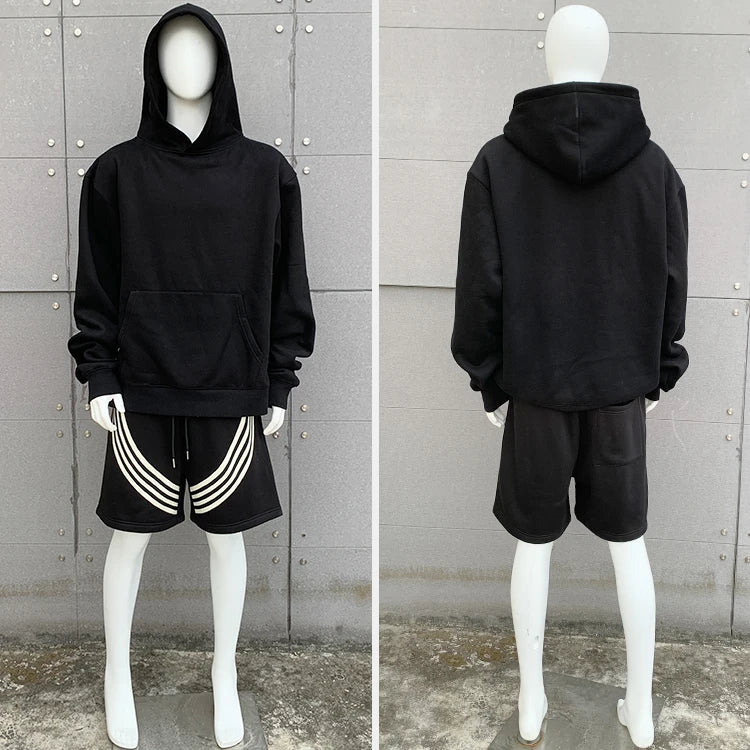 Fleece Vintage Washed Hoodies Sweatpants Sets Men Custom Logo Striped Trimmed Shorts Sweatpants Solid Color Hoodie