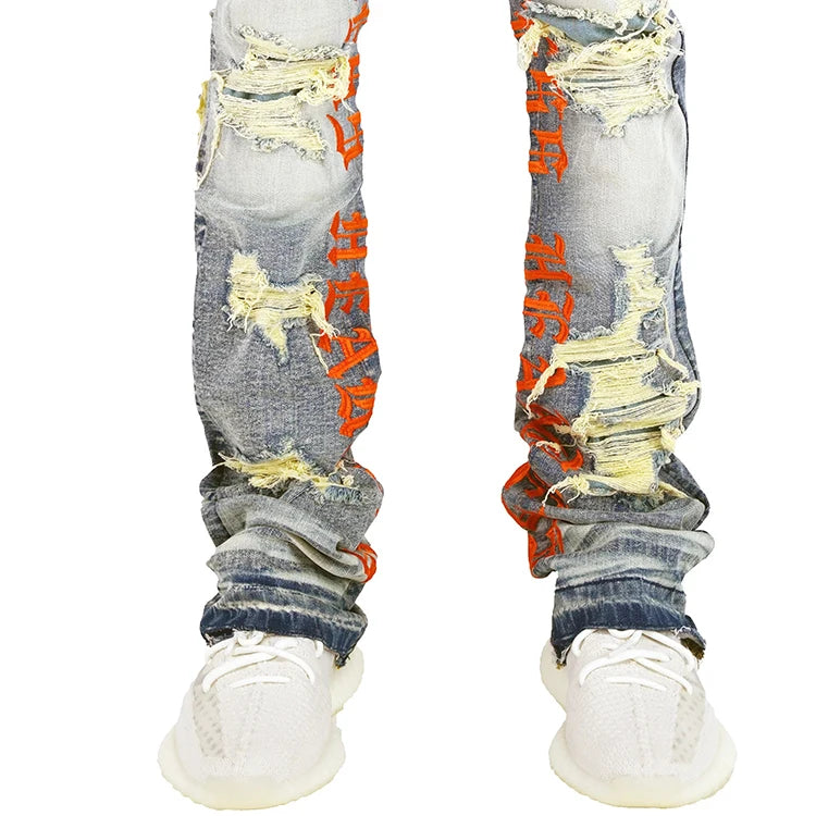 Manufacturer wholesale streetwear letter printed ripped denim jeans custom distressed jeans flare designer stacked jeans men