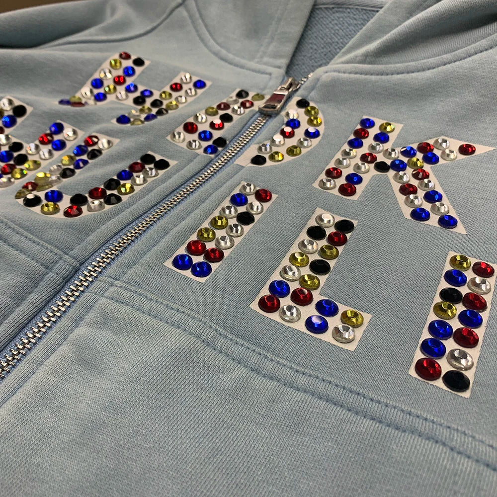 400 Gsm Heavyweight Cotton French Terry Hoodies Custom Logo Print Sunfaded Vintage Wash Men Zip Up Boxy Rhinestone Hoodie