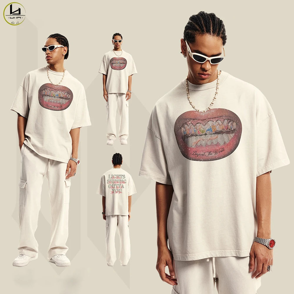 High Street Oversized Fit Unisex Dtg Printed Graphic Tees Custom Vintage Cotton Men 310Gsm Heavyweight T Shirt