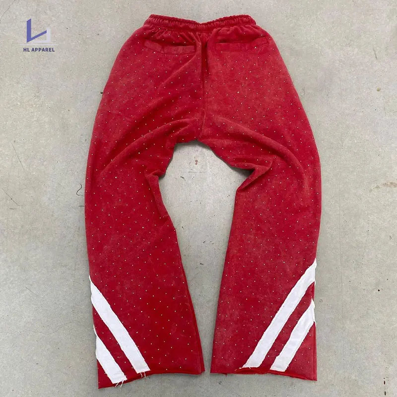 Huilin Factory OEM Custom Jogginghose mit weitem Bein und ausgestelltem Bein Herren Jogginghose mit Strasssteinen und Kordelzug in der Taille