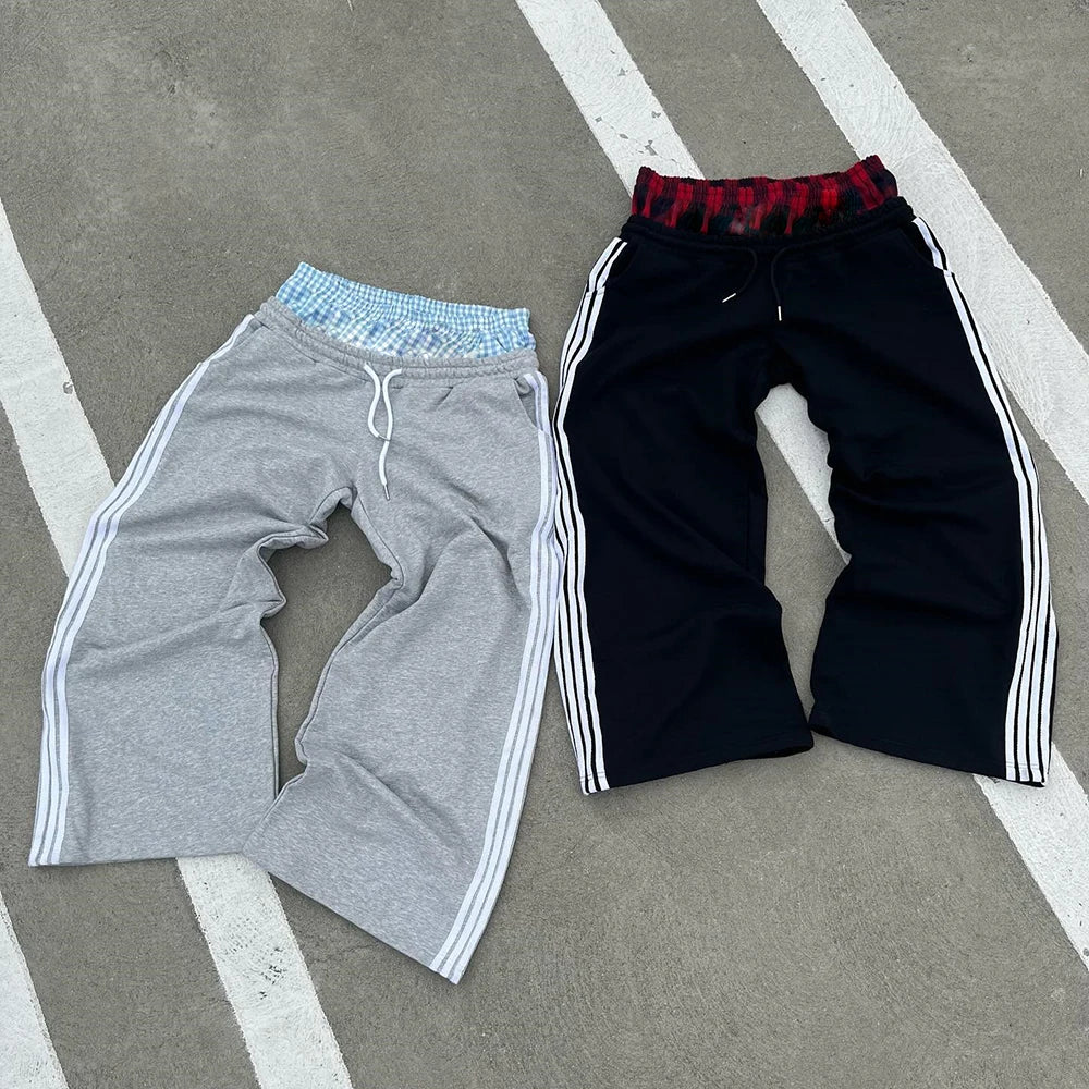 High Quality Streetwear Striped Side Thick Cotton Sweatpants Custom Double Waist Sweatpants For Men