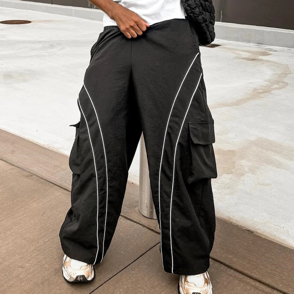 Basic Elastic Waist Nylon Streetwear Pants Men Custom Cargo Pockets Oversized Baggy Wide Leg Track Pants