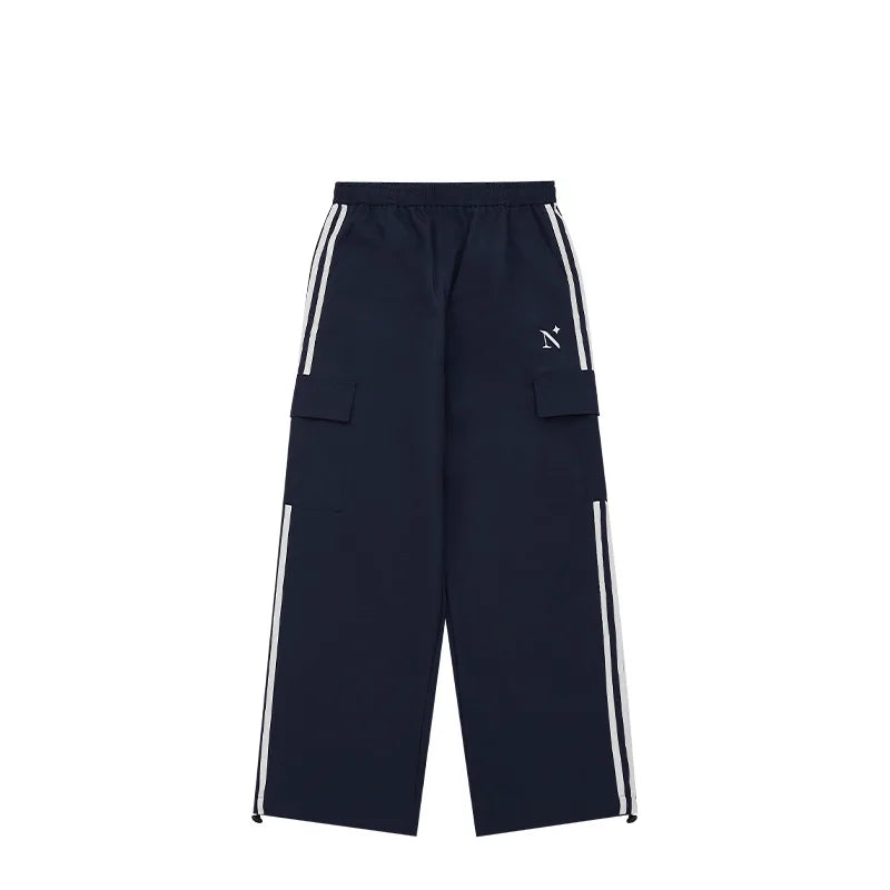 Streetwear Polyester Cargo Parachute Pants Side Striped Men Custom Baggy Wide Leg Oversized Track Pants