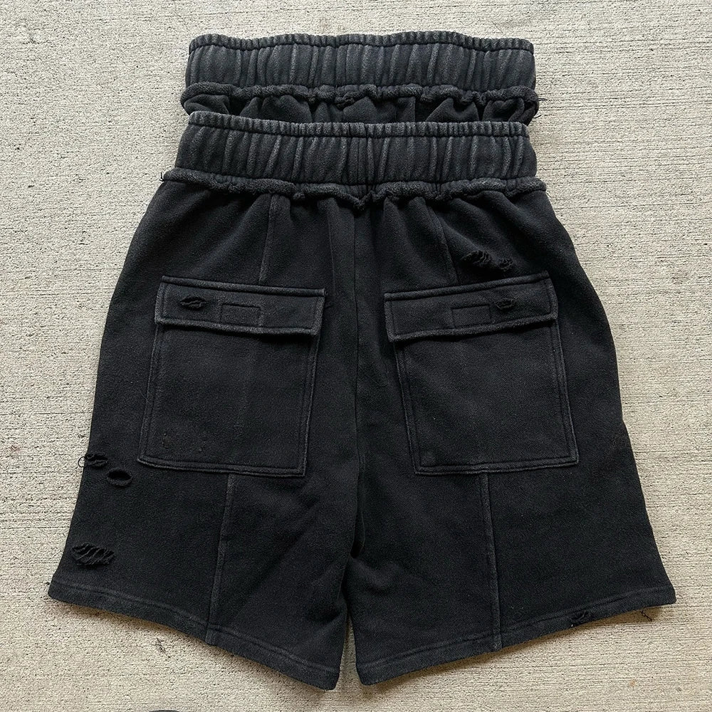 High Street Thick Cotton Sweat Shorts Men Custom Cargo Pockets Double Waist Streetwear Cargo Sweat Shorts