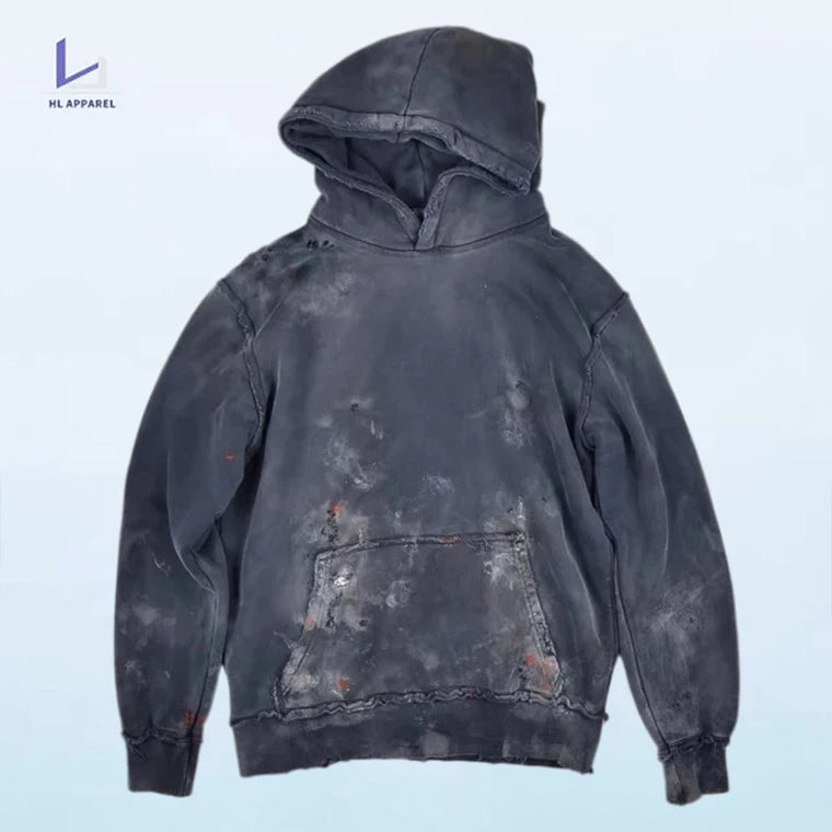 manufacturer custom men's distressed retro hoodie wholesale organic cotton vintage streetwear OEM ripped graffiti wash hoodie