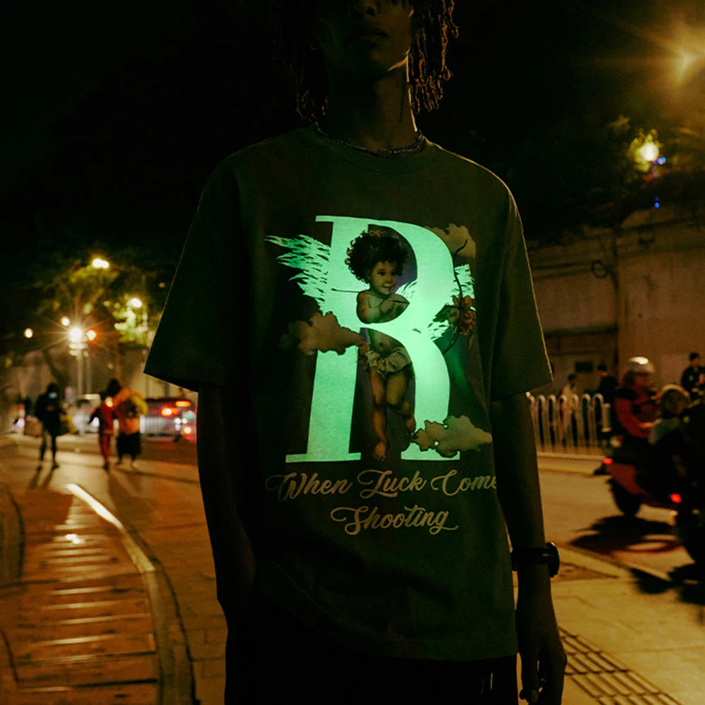 Summer Screen Print 200 Gsm Thick Cotton Oversized Unisex Tshirts Custom Luminous Printed Men Short Sleeve Boxy T Shirt