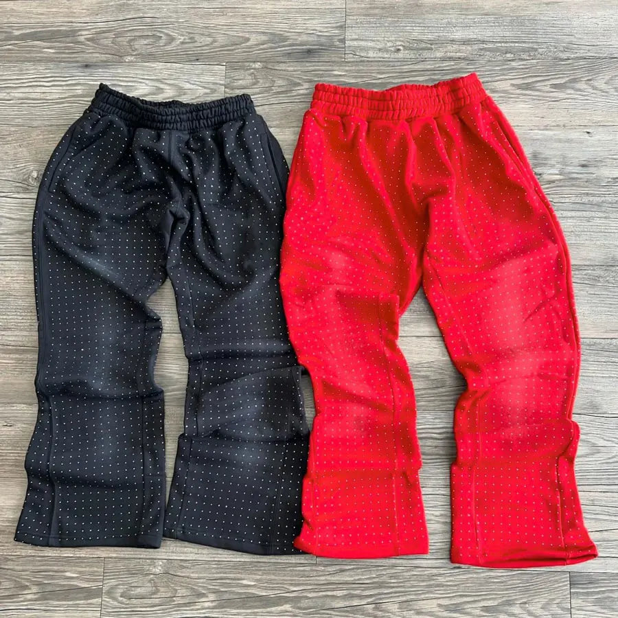 Oem Oversized Straight Wide Leg Sweatpants Men Custom Sun Faded Washed Elastic Waist Rhinestone Baggy Flared Sweat Pants