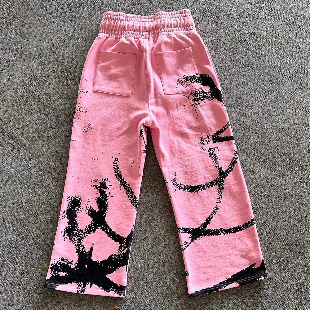 Streetwear Graphic Track Sweat Pants Custom Screen Printing Men Wide Leg Heavyweight Cotton Baggy Sweatpants