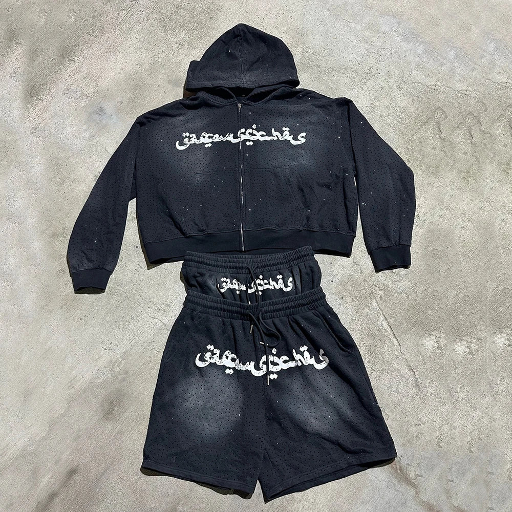 Sun Faded Washed Two Piece Zip Up Hoodie Double Waist Shorts Sets Men Custom Rhinestone Street Short Tracksuit Set