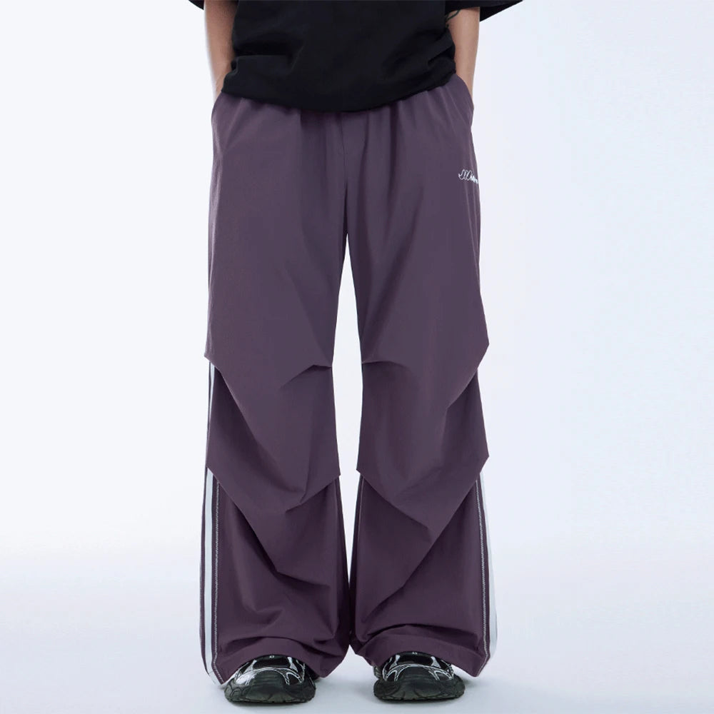 Double Knee Wide Leg Cargo Track Pants Men Contrast Stitching Oversized Fit Baggy Parachute Pants