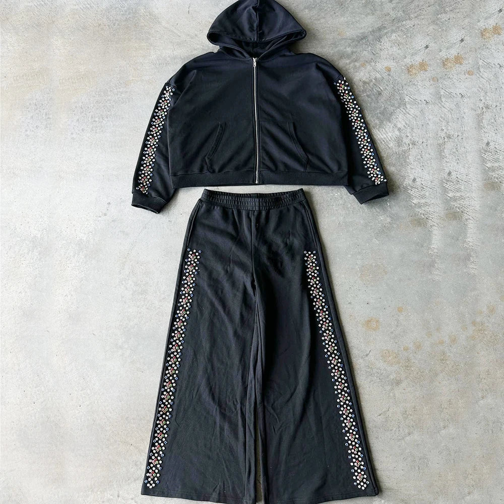Oversized Wide Leg Sweatpants Hoodies Sets Men Custom Rhinestone Side Two Piece Streetwear Tracksuit