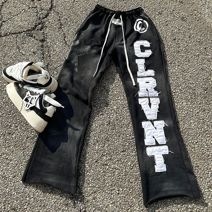 Oem Heavyweight Jogger Pants Men Custom Embroidery Logo Patched Sunfaded Washed Straight Leg Raw Hem Flared Sweatpants