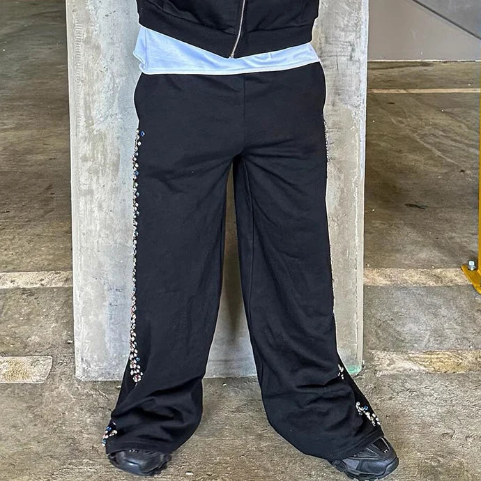 Oversized Fit Wide Leg Sweatpants Men Custom Thick Cotton Side Rhinestone Baggy Flared Sweatpants
