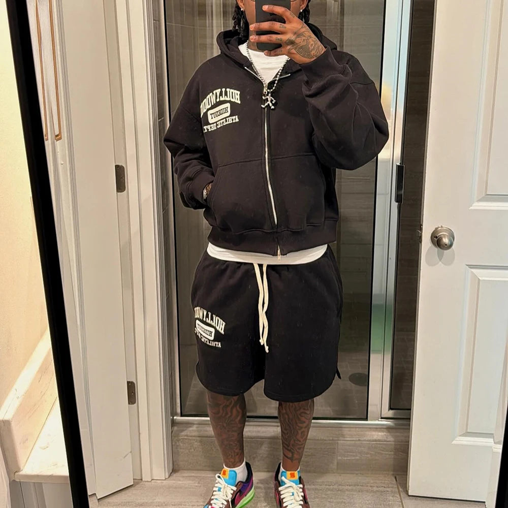 New Trend Custom Logo Embroidery Patched Two Piece Sets Sweatsutis Tracksuits Thick Cotton Men Hoodie Sweat Shorts Sets